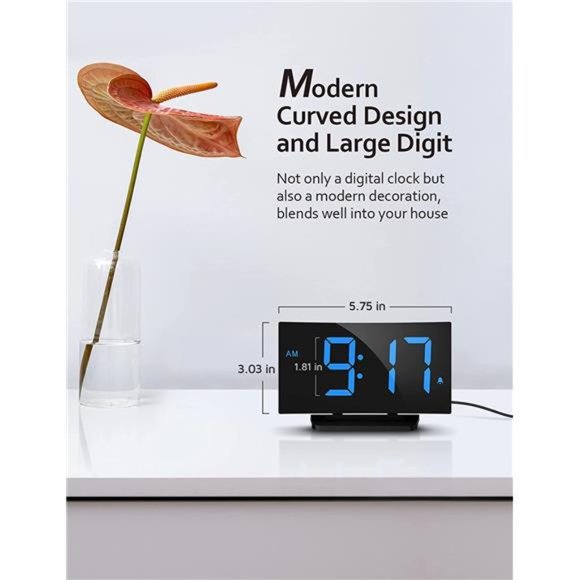 Digital Alarm Clock for Bedrooms, Digital Clock with Modern Curved Design - Picture 5 of 9